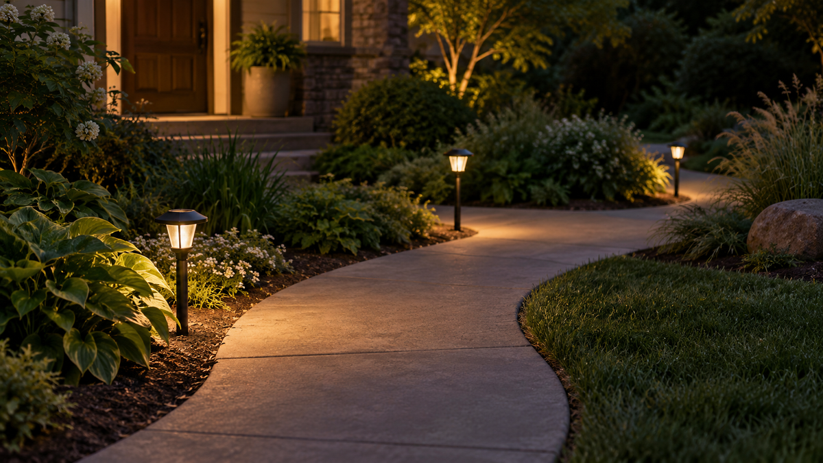 Three unbranded path lights arranged along a curved garden route at dusk.