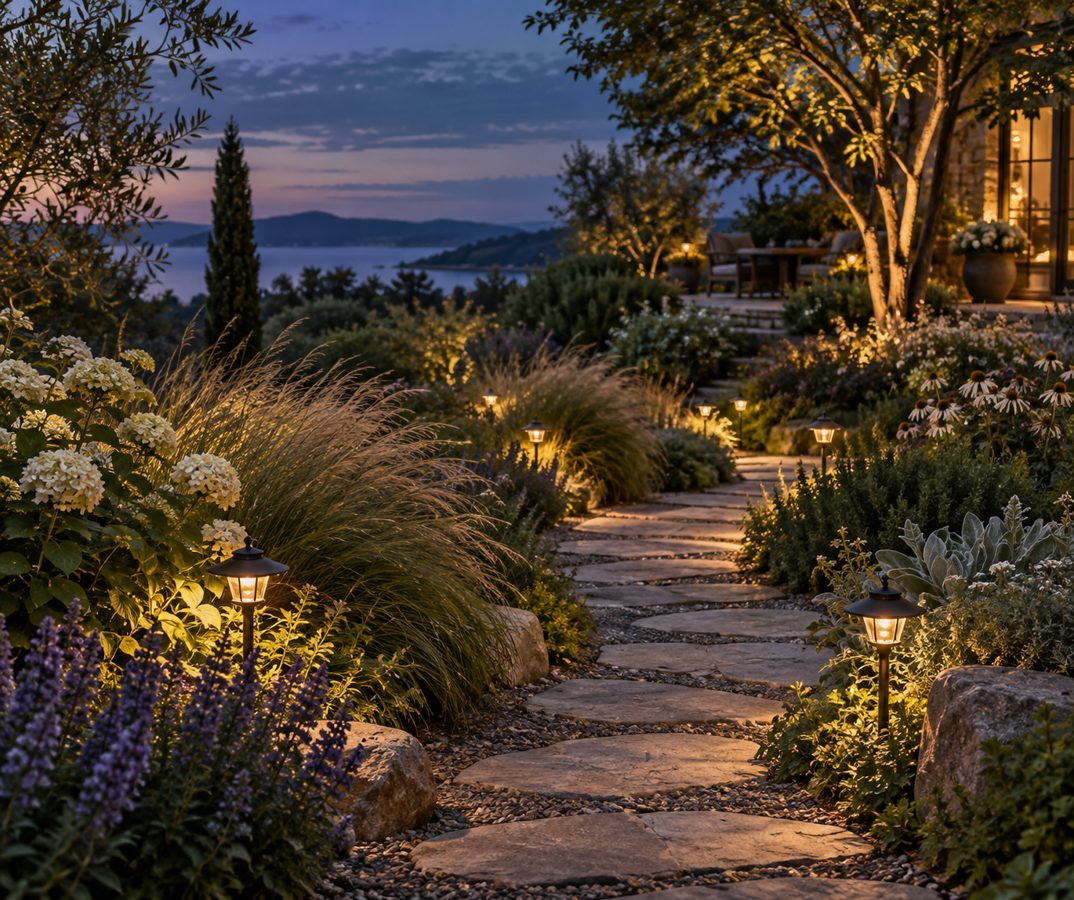 A garden path lit by warm solar lights at dusk
