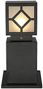 Outdoor Pedestal Light, Modern Black Bollard Lamp with Geometric Cutout Shade for Garden Pathway Driveway Deck, IP55 Waterproof Minimalist Cast Aluminum Landscape Lighting by Unknown