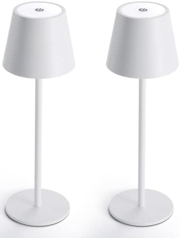 Maksone 2 Pack LED Cordless Table Lamp, 6600mWh Rechargeable Battery Desk Lamp, 3000K Stepless Dimming Night Light, IP54 Waterproof Metal Outdoor Portable Lamp for Camping, Restaurant (White) by Maksone