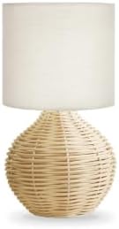 Rattan Table Lamp, Boho Farmhouse Style, Cotton Linen Lamp Shade, 6.2×6.2×11.8 Inch Small Table Lamp, with E12 LED Warm Light Bulb by LAMP