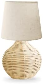 Rattan Small Table Lamp, Boho Farmhouse Style, Cotton Linen Lamp Shade, 6.2×6.2×11.8 Inch, with E12 LED Warm Light Bulb by LAMP