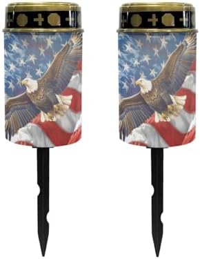 Poceacles Eagle American Flag Pattern Solar Lights Outdoor Waterproof Grave Lights for Cemetery LED Flameless Candle Cemetery Solar Pillar Candles Outdoor Decor, 2 Piece by Poceacles