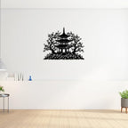 Japanese Pagoda and Cherry Blossom Metal Wall Art Metal Outdoor Decor Metal Signs Elegant Asian Inspired Artwork Home Decor for Living Room Bedroom Zen Garden (Black,16inch) - Image 3