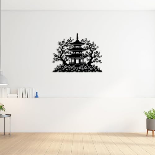 Japanese Pagoda and Cherry Blossom Metal Wall Art Metal Outdoor Decor Metal Signs Elegant Asian Inspired Artwork Home Decor for Living Room Bedroom Zen Garden (Black,24inch) - Image 3