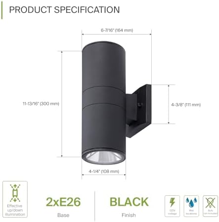 ASD 2 Light Cylinder Outdoor Sconce Lights, Black 120W E26 ETL 2 Pack - Image 2