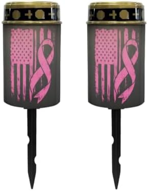 Poceacles Solar Outdoor Lights Solar Grave Lights Cemetery Candles Decorative LED Automatic Flameless Candle, Pink Ribbon American Flag, Pack of 2 by Poceacles