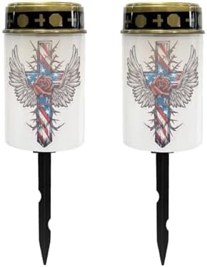 Poceacles Cross Solar Lights Outdoor for Garden Lawn Cemetery Grave Decorative Cemetery Solar Candle Grave Flameless Candle for Outside Home Decorations, American Flag Wings Rose Cross, Pack of 2 by Poceacles