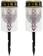 Poceacles Cross Solar Lights Outdoor for Garden Lawn Cemetery Grave Decorative Cemetery Solar Candle Grave Flameless Candle for Outside Home Decorations, American Flag Wings Rose Cross, Pack of 2 by Poceacles