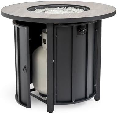 30'' Concrete Round Gas Fire Pit, 50,000 BTU Steel Outdoor Fire Tables, Fire Table with Lid, Add Warmth & Ambience to Gatherings and Parties On Patio Deck Garden Backyard，White Glass Stone. - Image 4