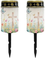 Poceacles Cross Solar Powered Cemetery Solar Candle, Memorial Floral Cross Butterfly, 2 Pack Waterproof Landscape Lights for Yard, Patio, Lawn, Home Decor by Poceacles