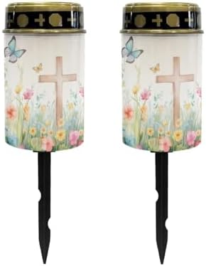 Poceacles Cross Solar Powered Cemetery Solar Candle, Memorial Floral Cross Butterfly, 2 Pack Waterproof Landscape Lights for Yard, Patio, Lawn, Home Decor by Poceacles