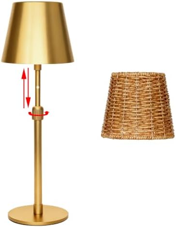 Outdoor Waterproof Rechargeable Cordless LED Table Lamp with Telescopic Pole and Wicker Shade, 5200mAh Touch Dimmable Battery Operated Table Light for Patio Restaurant Kitchen (Gold) by Unknown