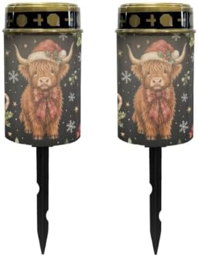 Poceacles Solar Lights Outdoor Christmas Lights for Cemetery LED Flameless Candle Cemetery Solar Pillar Candles Outdoor Decor, Christmas Highland Cow Candy Cane Print, 2 Pack by Poceacles