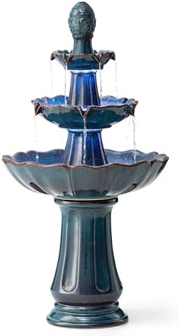 Glitzhome Outdoor 3 Tier Pedestal Fountain with LED Light & Pump - 45.25" H, Ceramic Turquoise Water Fountains Waterfall Large Floor-Standing Garden Fountain for Patio, Lawn, Backyard - Image 3