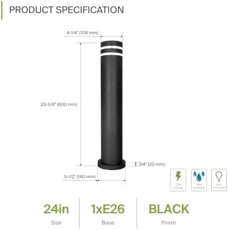 ASD 24" Round Bollard Light Fixture, Outdoor Pathway Floor Lamp | Antiglare, Waterproof, ETL Listed | 60W E26 Bulb Socket 120V | Landscape Hardwired Lighting, Exterior Post Lantern | Black, 4 Pack - Image 2