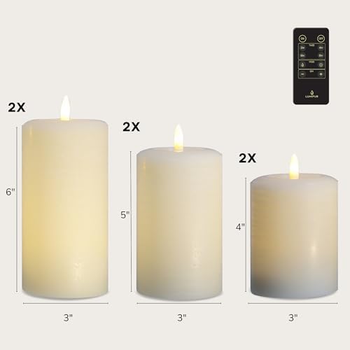 LumiPur Essentials Natural Glow Flameless Flickering Wax Pillar 6 Pack LED Candles (2X 3" x 4" 5" & 6") (Linen White, 6 Pack) - Image 3