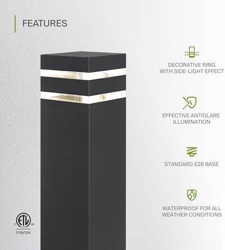 ASD 24" Square Bollard Light Fixture, Outdoor Pathway Floor Lamp | Antiglare, Waterproof, ETL Listed | 60W E26 Bulb Socket 120V | Landscape Hardwired Lighting, Exterior Post Lantern | Black, 4 Pack - Image 3