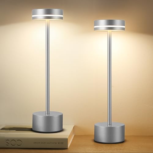2 Pack LED Cordless Table Lamp Rechargeable, 5000mAh Portable Battery Operated LED Desk Lamp, 3 Color Dimmable Table Light for Reading/Home Office/Dining/Nightstand for Home Décor – Silver by Gkeiten