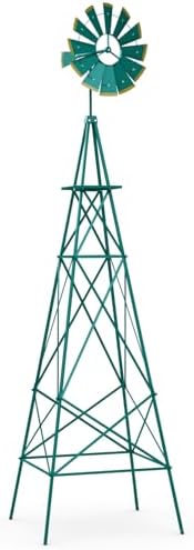 Goplus 8 ft Ornamental Windmill, All-Weather Metal Wind Mill w/ 4 Support Legs, Decorative Weathervane for Backyard, Garden, Farm, 4 Ground Stakes Included (Green) by Goplus