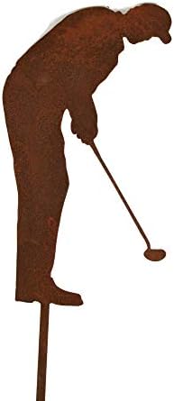 Hobby and Leisure Style Rustic or Powder Coated Metal Garden Stake or Stand (Small Golfer 24" Tall Including Stake, Naturally Rusted) by Handmade