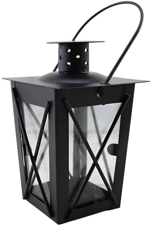 Black Decorative Candle Lantern, Moroccan Style Metal Candle Holder with Glass Lampshade and Hanging Ring, 6.7 x 3.5 x 2.2 in / 17 x 9 x 5.5 cm, Centerpiece for Wedding, Party, Home Décor by Unknown