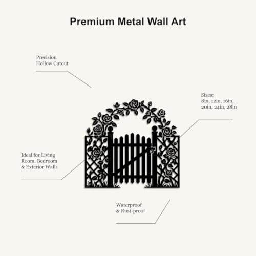 Rose Garden Gate Metal Wall Art WallArt Decor Metal Signs Metal Outdoor Decor Elegant Farmhouse Rustic Style Wall Sculpture Hanging Plaque Ornament Home Decoration for Living Room Bedroom (Black,16inch) - Image 6