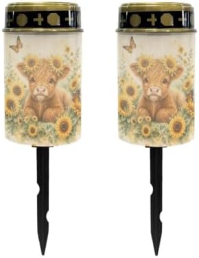 Poceacles Solar Lights Outdoor Waterproof Grave Lights for Cemetery LED Flameless Candle Cemetery Solar Pillar Candles Outdoor Decor, Highland Cow Sunflower Butterfly, Set of 2 by Poceacles