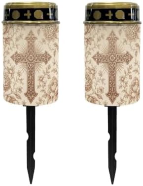 Poceacles Solar Powered Outdoor Lights Cemetery Solar Memorial Lights Outdoor Waterproof Landscape Candles for Yard Patio Lawn Home Decor, Vintage Beige Floral Cross, 2 Pcs by Poceacles