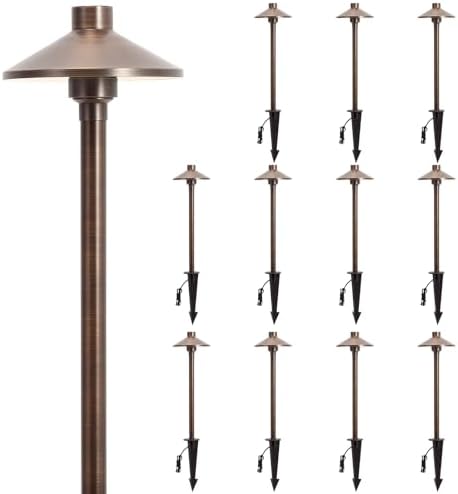 Gardencoin Solid Brass Low Voltage Landscape Pathway Lights (6.7'' Shade, 21.9'' Tall), 12V AC/DC Heavy Duty LED Path Lights Outdoor Wired, Antique Bronze Walkway Lights Without G4 Bulb, 12 Pack by Gardencoin