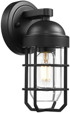 Emliviar Modern Outdoor Wall Light for House Porches, Solid Classic Metal Cage, Retro Charm Exterior Wall Light, Clear Tempered Glass, Black Finish, GE255B BK by EMLIVIAR