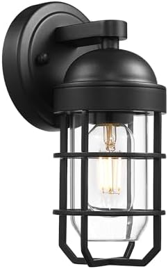 Emliviar Modern Outdoor Wall Light for House Porches, Solid Classic Metal Cage, Retro Charm Exterior Wall Light, Clear Tempered Glass, Black Finish, GE255B BK by EMLIVIAR