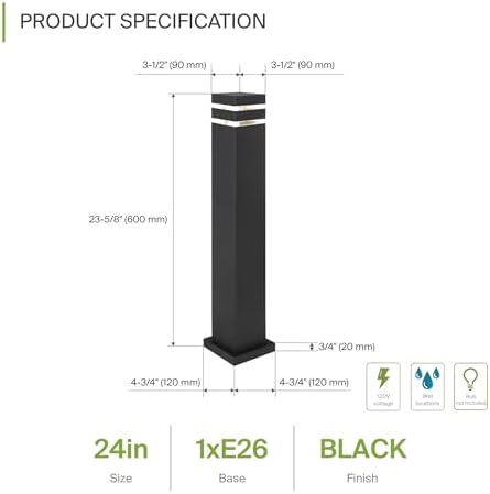 ASD 24" Square Bollard Light Fixture, Outdoor Pathway Floor Lamp | Antiglare, Waterproof, ETL Listed | 60W E26 Bulb Socket 120V | Landscape Hardwired Lighting, Exterior Post Lantern | Black, 4 Pack - Image 2