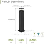 ASD 24" Square Bollard Light Fixture, Outdoor Pathway Floor Lamp | Antiglare, Waterproof, ETL Listed | 60W E26 Bulb Socket 120V | Landscape Hardwired Lighting, Exterior Post Lantern | Black, 4 Pack - Image 2