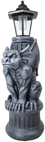 Ebros Faux Stone Gothic Crouching Winged Gargoyle Statue with Solar LED Lantern Light Post 20" Tall Decor Figurine - Image 4