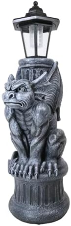 Ebros Faux Stone Gothic Crouching Winged Gargoyle Statue with Solar LED Lantern Light Post 20" Tall Decor Figurine - Image 4