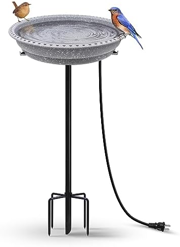 BIRD WISH Heated Bird Bath, Stable 5-Prong Metal Base Thermostat Control Weather Resistance All Seasons Available 75W Heated Bird Baths for Outdoors for Winter Garden Yard Patio Lawn, Spotted Grey by BIRDWISH