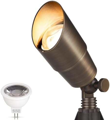 Gardencoin Solid Brass Outdoor Landscape Spotlights, 12V Heavy Duty Low Voltage LED Spot Light Waterproof for Garden and Yard Up Lighting, Bronze Accent Lighting Fixture, with 2700K MR16 Bulb 1 Pack by Gardencoin