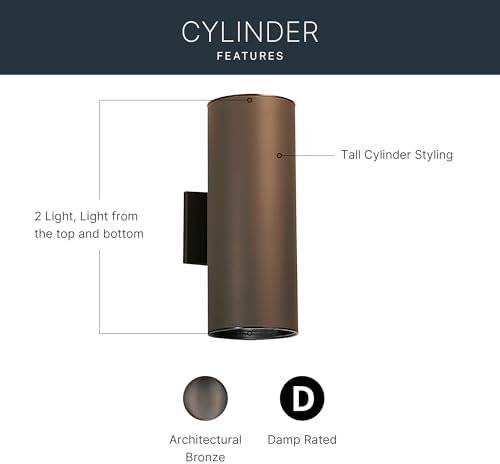 Kichler Cylinders 15" 2-Light Outdoor Cylinder Wall Sconce in Architectural Bronze, (15" H x 5.75 W), 9246AZ - Image 4