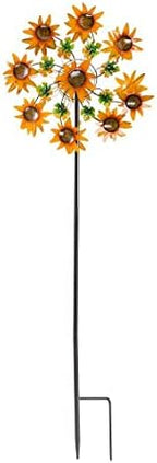 Plow & Hearth Colorful Autumn Sunflower Garden Metal Wind Spinner with Dual-Motion Rotors and Sectional Steel Pole with Ground Stakes in Powder-Coated Metal, 24½" Dia. x 10¼"D x 75½"H by PlowHearth
