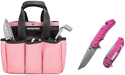 WORKPRO Garden Bag and FLISSA Folding Pocket Knife, Garden Tool Tote Storage Bag with 8 Pockets, Tactical Knife with Liner Lock by WORKPRO