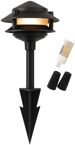 LED Pathway Lights 132 - Black 2 Tier Pagoda Low Voltage Landscape Lighting, 12V Driveway Lights Outdoor Walkway Garden Pathway Lighting with G4 4W 3000K LED Bulb, Stake & Connectors by MIKSolutions
