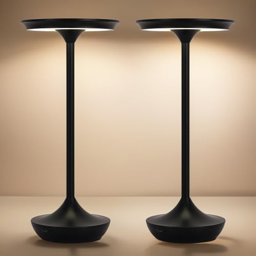 2 Pack LED Rechargeable Cordless Table Lamps,Portable Outdoor 6000 mAh Battery Operated Table Light Touch Control 3 Color Dimmable Waterproof for Patio/Cofee/Restaurant/Camping/Dining/ Bedroom-Black by XIHCordlessTableLamp