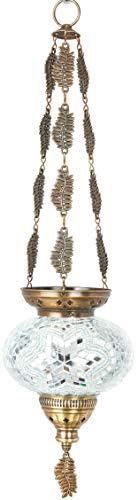 DEMMEX Turkish Moroccan Mosaic Hanging Candle Holder Decorative Lantern with Colorful Mosaic Glass Globe and Metal Leaf Chains, Handmade in Turkey, 24" H, White - Image 2