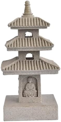 Pagoda Garden Statue, 10 Inch Weatherproof Solar Garden Decor, LED Light Zen Japanese Lantern for Backyard Balcony Patio Lawn Yard, Khaki Pagoda Statue - Image 2