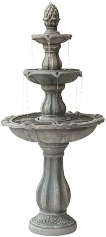 XBrand 51 Inch 3 Tier Outdoor Freestanding Waterfall Fountain with Pump and Pineapple Finial, Decorative Resin Garden Water Feature for Patio, Yard, Lawn, and Backyard Decor, Gray by XBrandHomeGarden