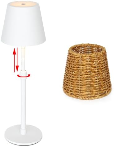 Outdoor Waterproof Rechargeable Cordless LED Table Lamp with Telescopic Pole and Wicker Shade, 5200mAh Touch Dimmable Battery Operated Table Light for Patio Restaurant Kitchen (White) by Unknown
