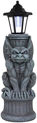 Ebros Faux Stone Gothic Crouching Winged Gargoyle Statue with Solar LED Lantern Light Post 20" Tall Decor Figurine by EbrosGift