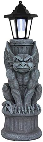 Ebros Faux Stone Gothic Crouching Winged Gargoyle Statue with Solar LED Lantern Light Post 20" Tall Decor Figurine by EbrosGift