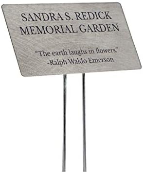 Outdoor Metal Garden Sign, Label, or Memorial. 4 x 2" or 6 x 4" sign with rounded corners and a 10" stake. Materials Include: Stainless Steel, Brass, Copper, Bronze and Titanium. (Titanium, 4 x 2") by PlaqueMaker